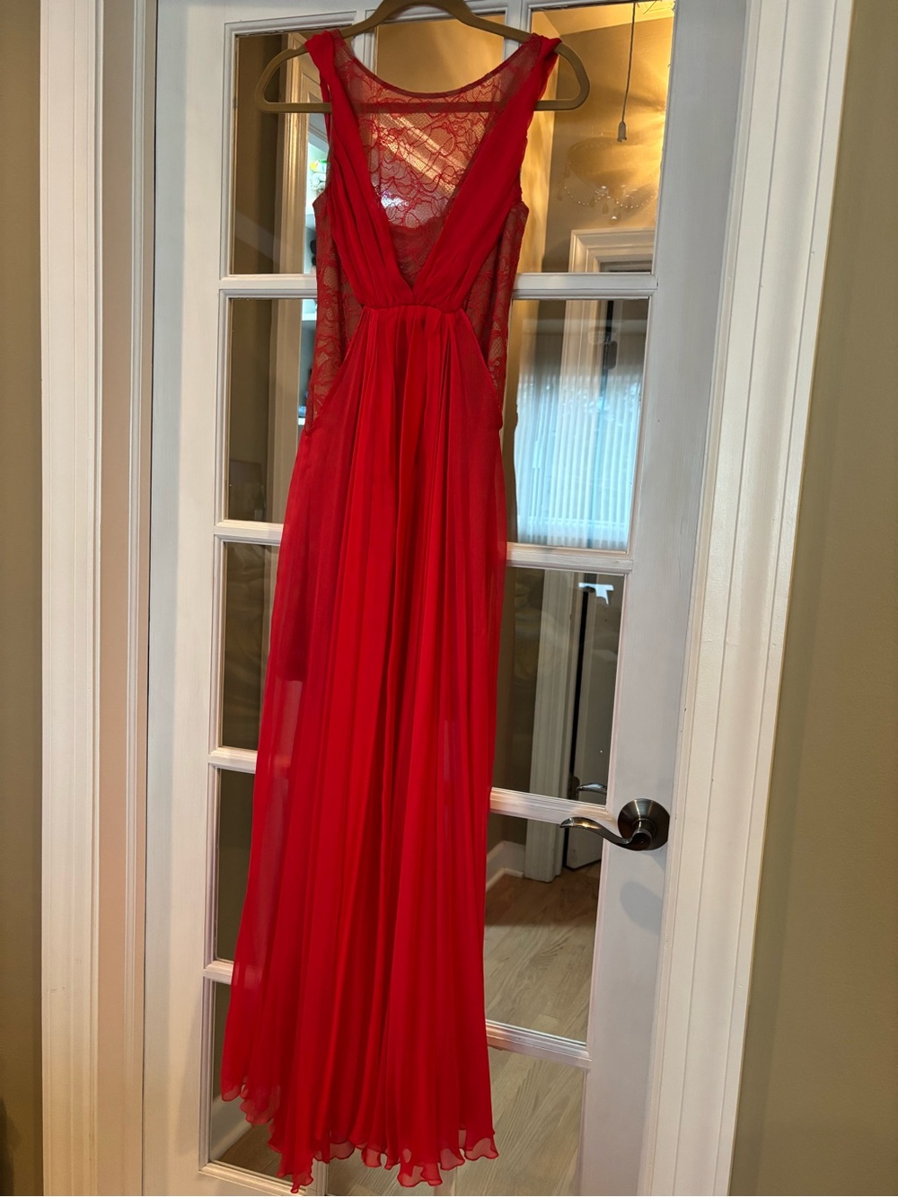 ABS Red Lace & Chiffon Overlay Evening Maxi Dress  V-Neck Size 2 Women